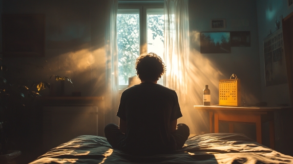 boy sitting on bed looking out his window